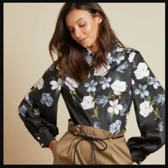 ❤️TED BAKER BLACK FLORAL BUTTON UP BLOUSE - Picture 1 of 8